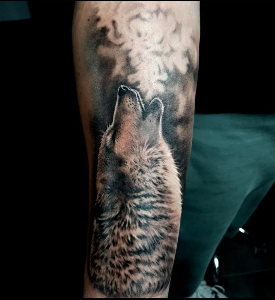 Realistische tattoo van een huilende wolf op de onderarm, gezet bij Tattoo Studio in Den Haag