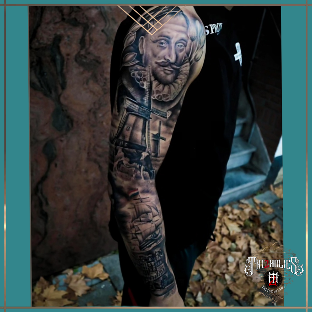 Realistische tattoo sleeve met historisch portret, windmolens en zeilschip