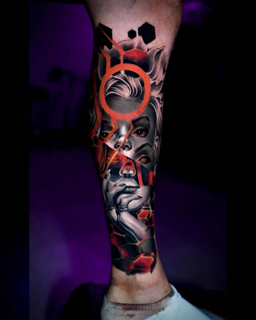 Tattoo van vrouwengezicht met oranje cirkels, honingraat en geometrische elementen in contrast met black & grey stijl, geplaatst op het onderbeen bij Tat2holics in Den Haag