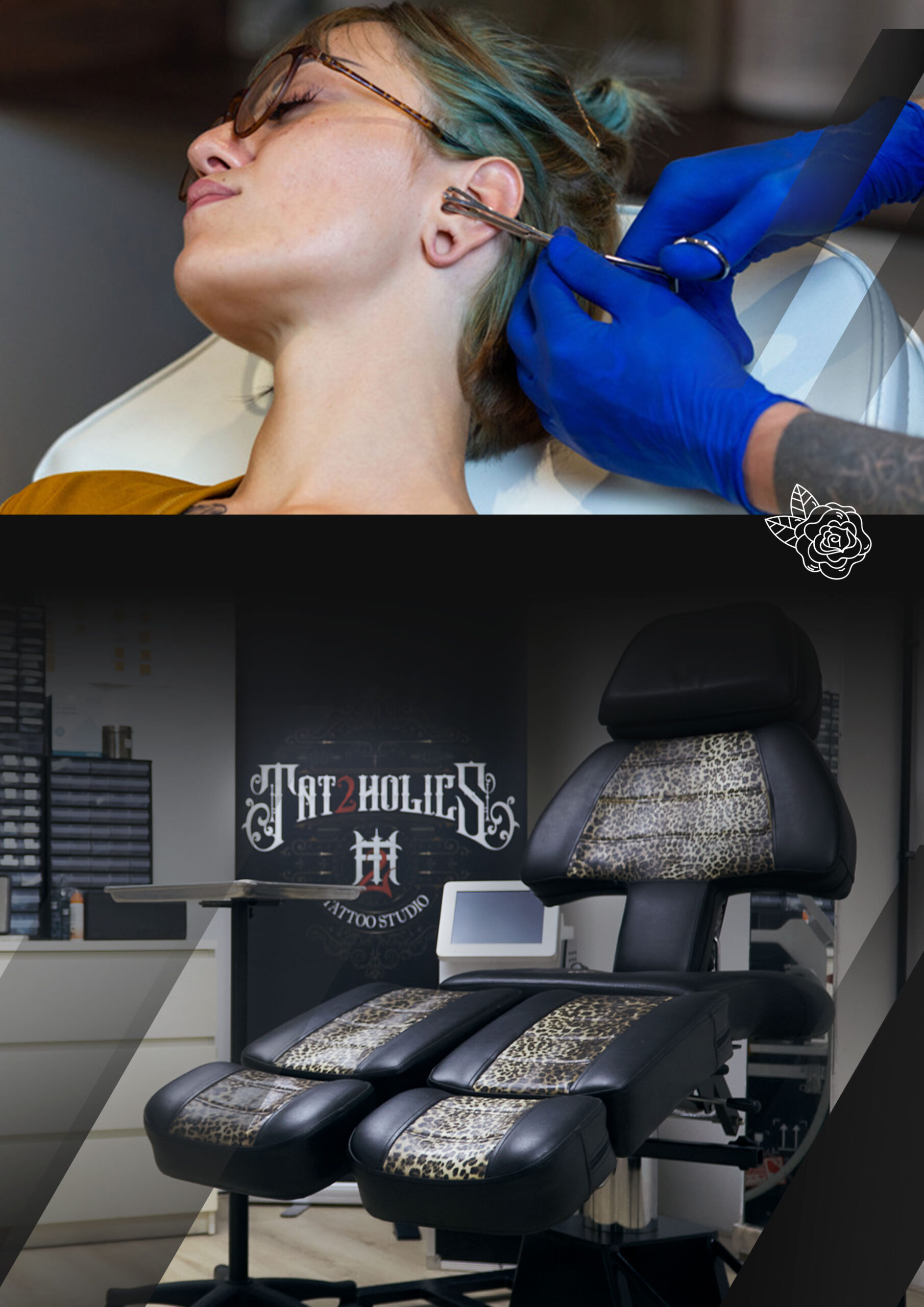 Oor piercing combinatie met meerdere sieraden bij Tat2Holics Den Haag