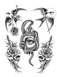 Blackwork tattoo flash sheet ontwerp donker, Tat2holics Den Haag